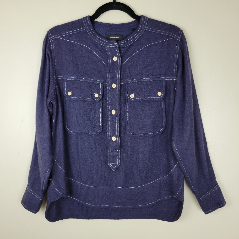 Isabel Marant Tecoyo Blue 100% Silk Long Sleeve Top Blouse Size 34 XS S